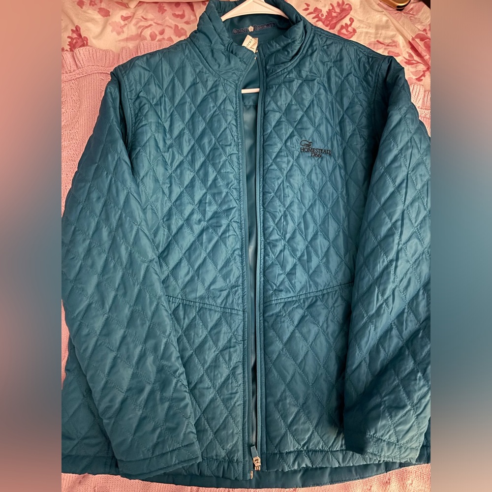Bright blue puffer jacket!